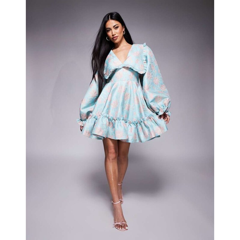ASOS LUXE jacquard collared long sleeve tiered mini dress in blue 104879931