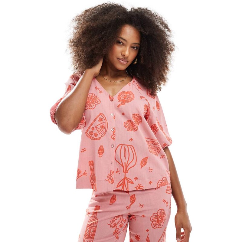 Object buttondown blouse co-ord in rose pink sketch print 104823496