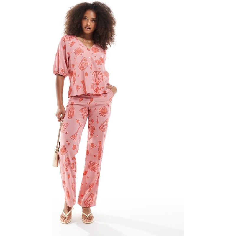 Object wide high waisted trouser co-ord in rose pink sketch print 104823497