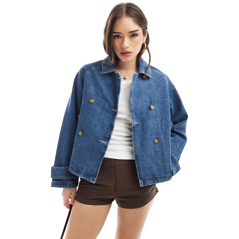 ONLY short denim trench coat in mid blue