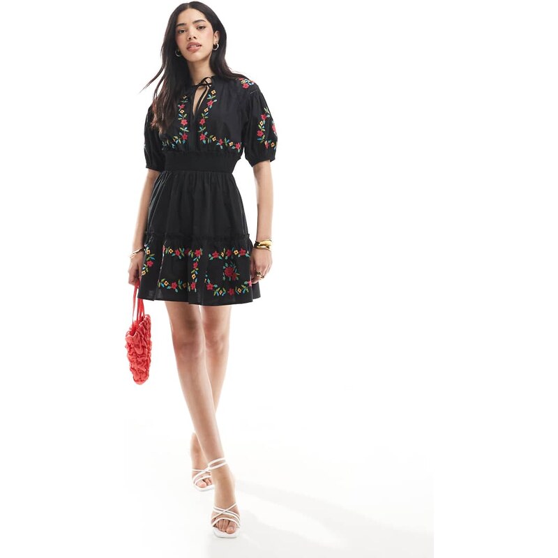 Miss Selfridge western embroidered detail waisted mini dress in black 105091201
