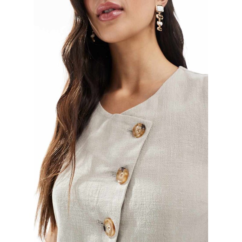 ASOS DESIGN linen look asymmetric button front waistcoat in stone-Neutral