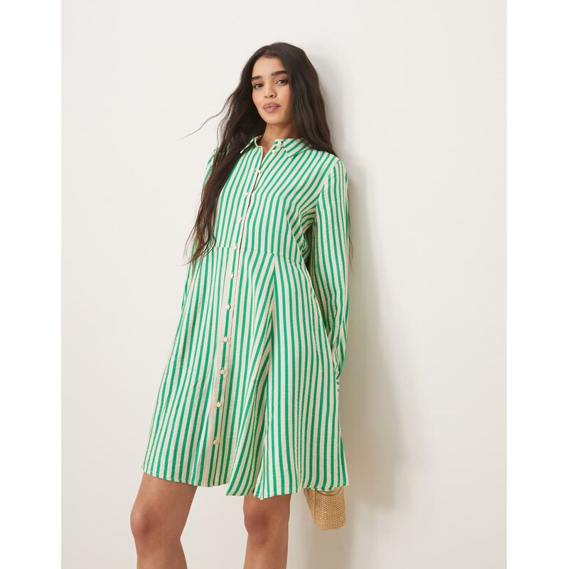 YAS flippy hem mini shirt dress in green and white stripe 115511061
