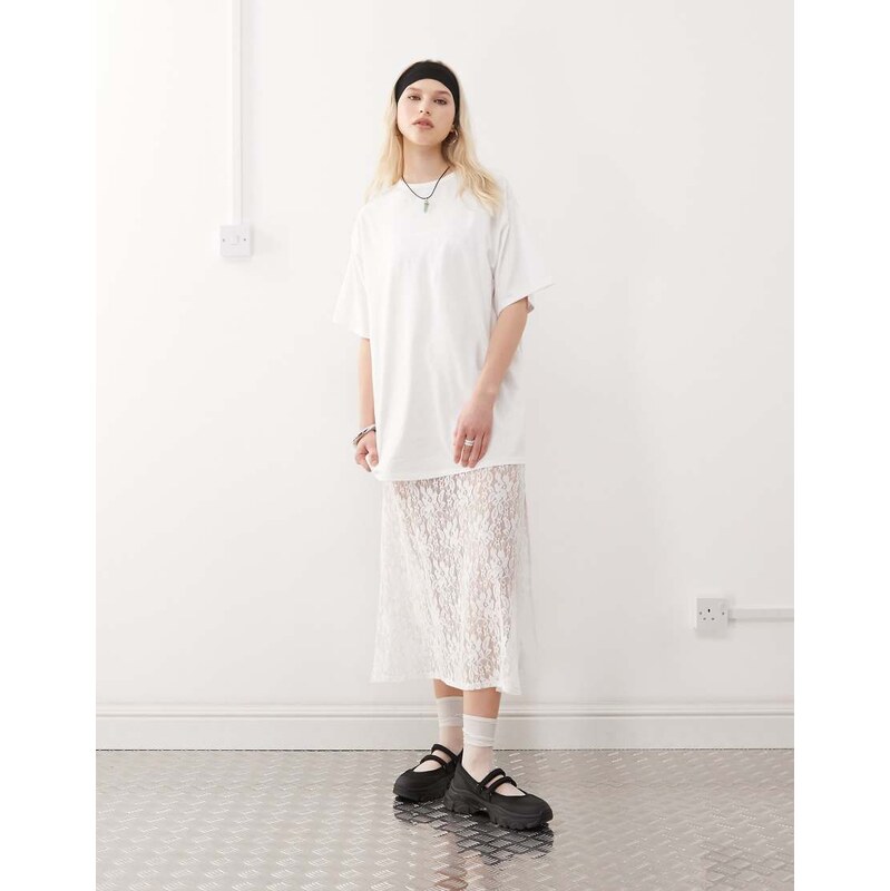 Reclaimed Vintage t-shirt midi dress with lace skirt in white 104880175