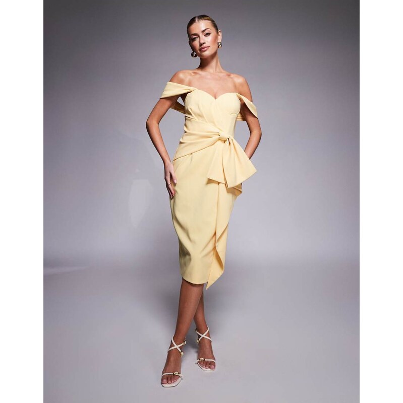 Lavish Alice off shoulder bow detail midi dress in yellow 104838271