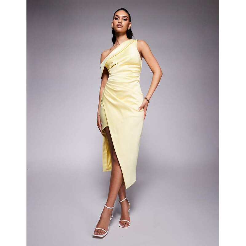 Lavish Alice asymmetric neckline pleated satin midi dress in yellow 104859824