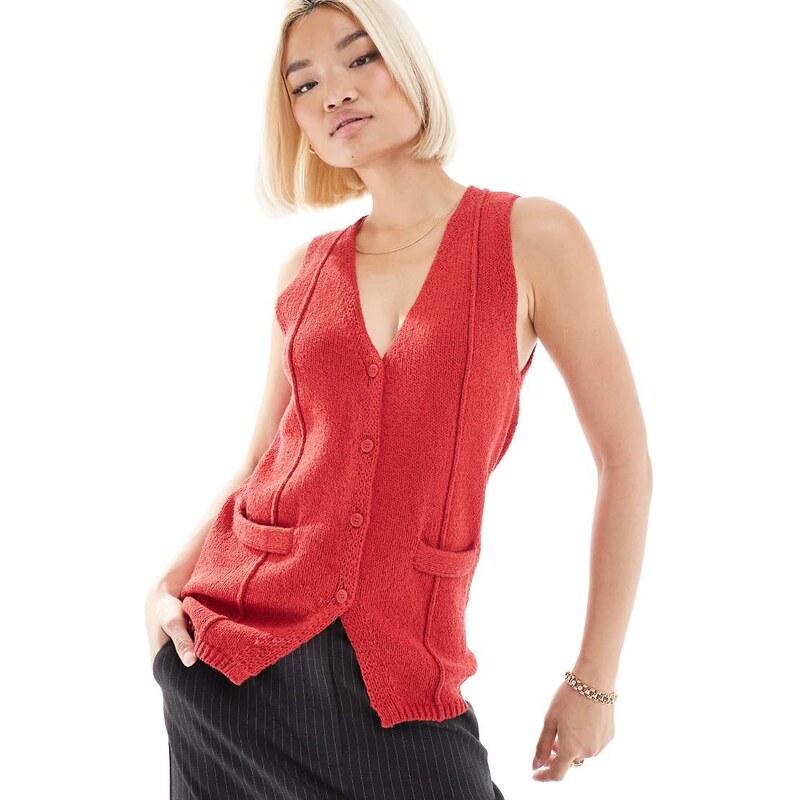 ASOS DESIGN knitted v neck seam detail waistcoat in red 104859644