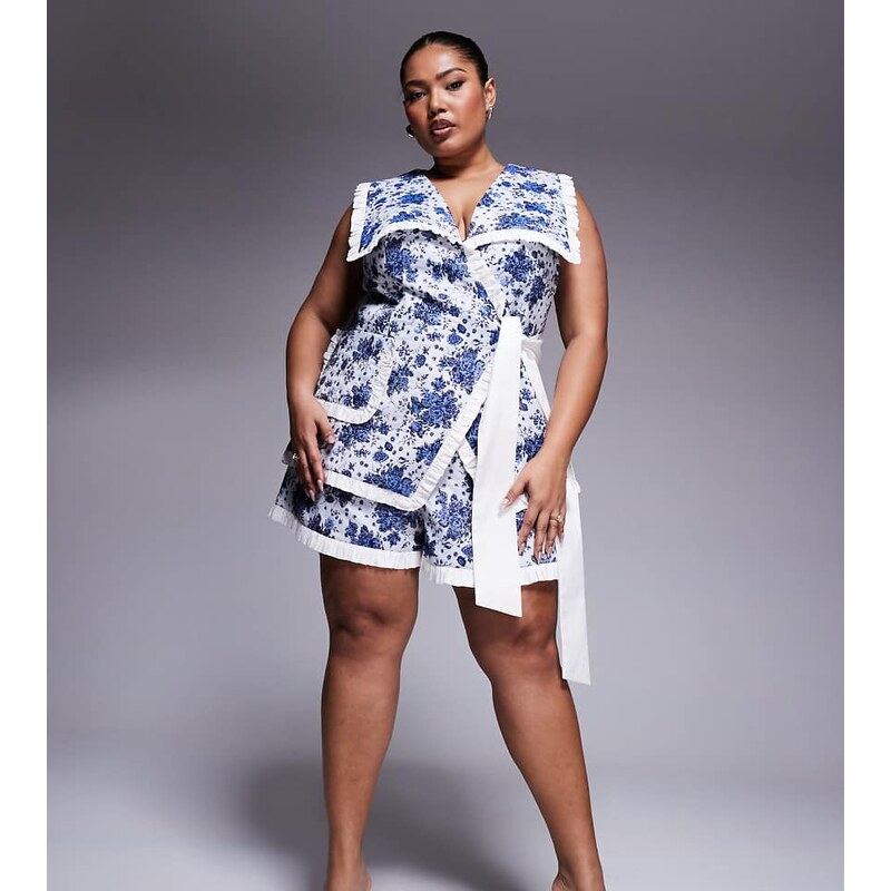 ASOS LUXE CURVE co-ord jacquard short with poplin contrast in blue 104859694