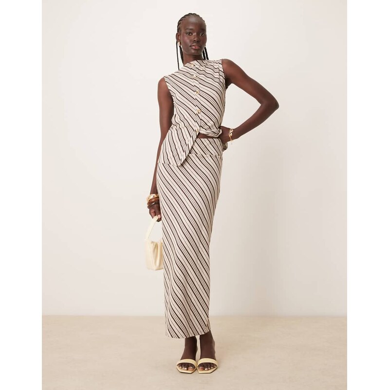 Pretty Lavish asymmetric stripe jersey maxi skirt co-ord in brown and 104859704
