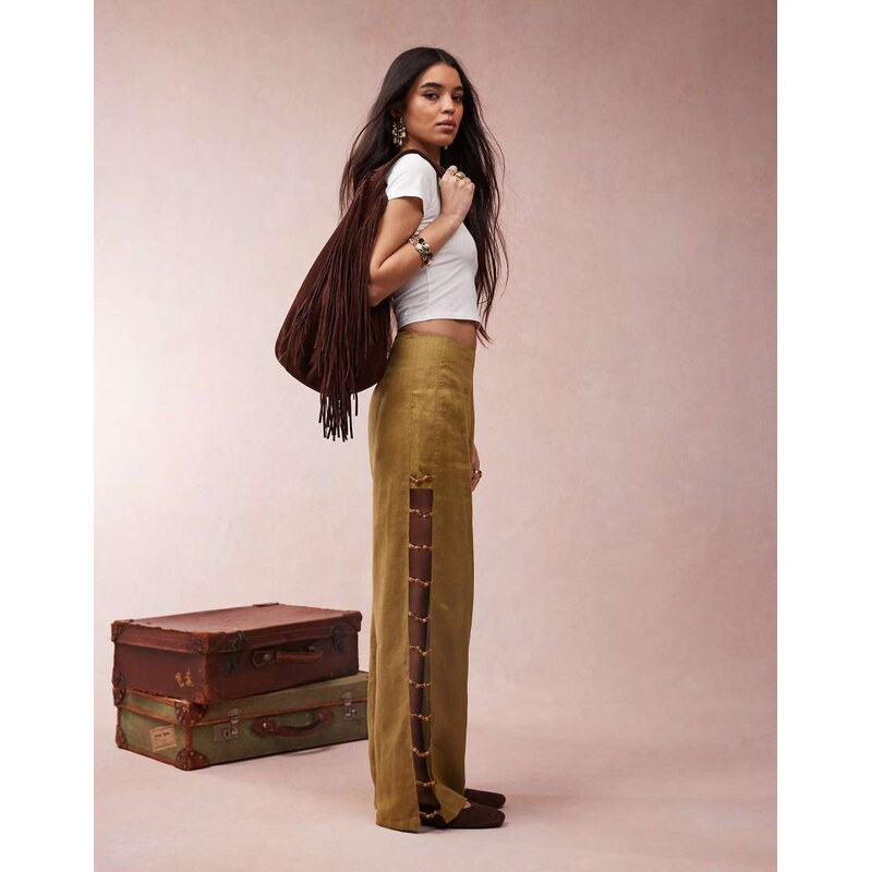 VRG GRL tia linen pants with bead detailing in olive co-ord-Green 115715464