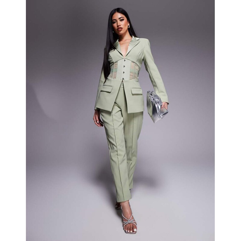 Lavish Alice mid rise satin mix tailored trousers co-ord in sage green 104859820