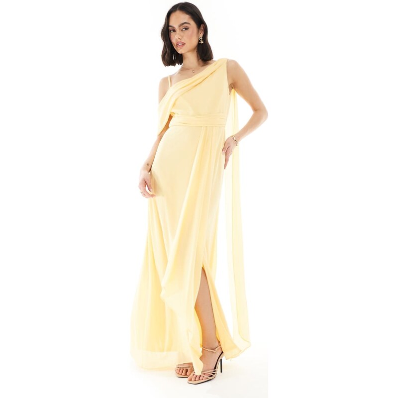 TFNC Bridesmaid one shoulder drape maxi dress with wrap skirt in lemon 112334179