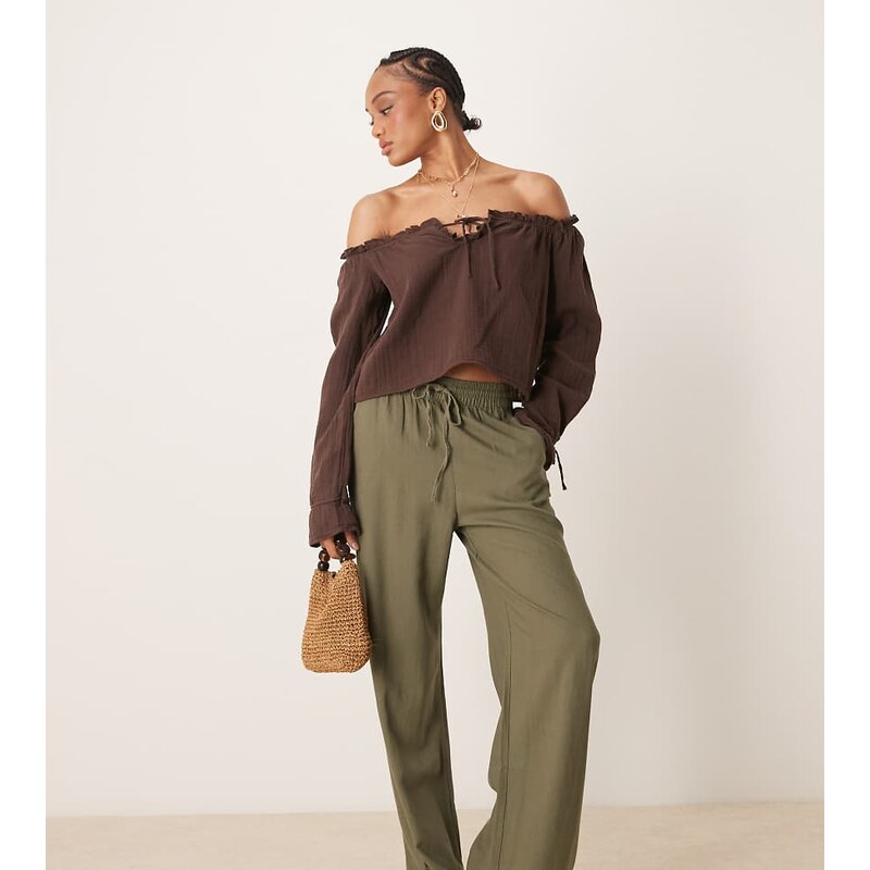 JDY Tall wide leg linen trouser in khaki-Green 105040721