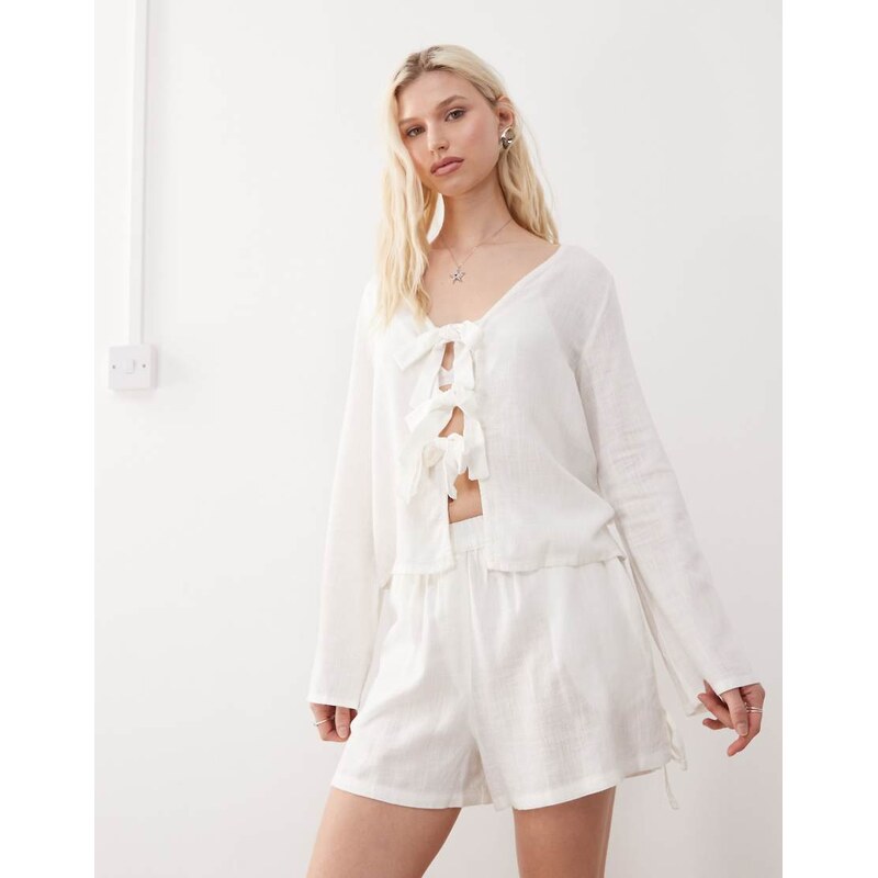 Noisy May linen mix side tie shorts co-ord in white 105468975