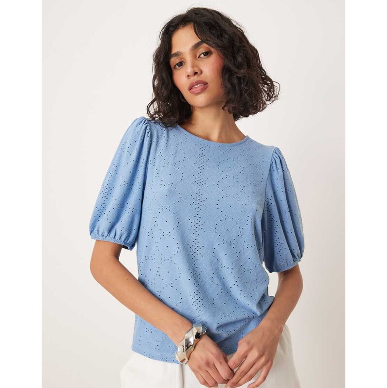 Vila broderie t-shirt with puff sleeve detail in blissful blue 104899188
