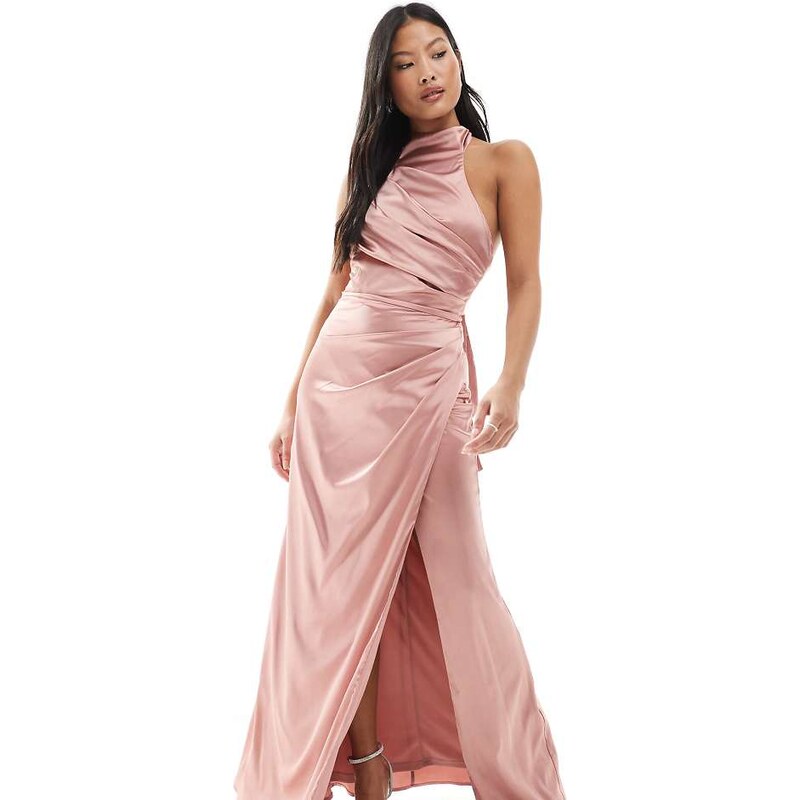 TFNC Petite Bridesmaid satin high neck maxi dress with bow back in 105128325