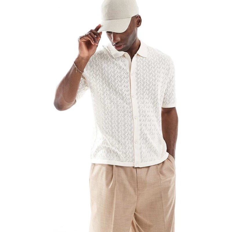 Jack & Jones button through shirt in knitted crochet in cream