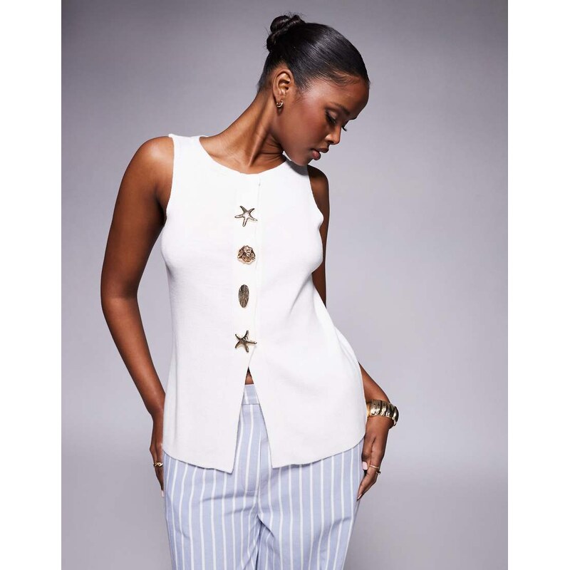 ASOS DESIGN compact knit top with novelty gold buttons in ecru-White 104865497