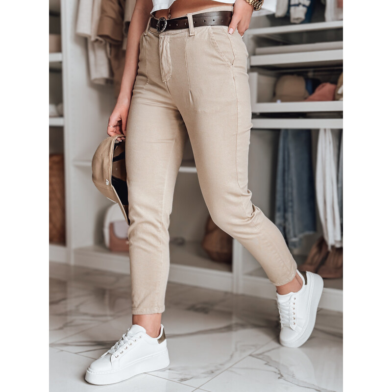 BASIC Béžové dámské slim fit kalhoty s vysokým pasem UY2545