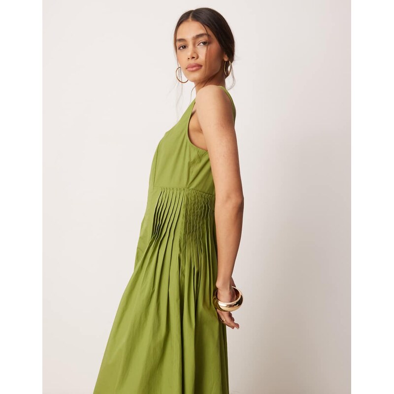 ASOS DESIGN scoop neck pleat waist maxi sundress in olive-Green