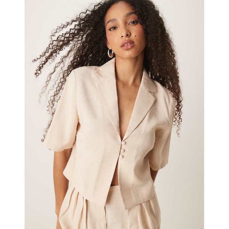 ASOS DESIGN short sleeve tie front cropped shirt co-ord in off white 114802140