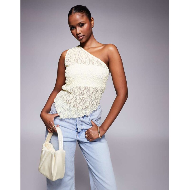 ASOS DESIGN lace one shoulder asymmetric top in buttermilk-Yellow 104880141