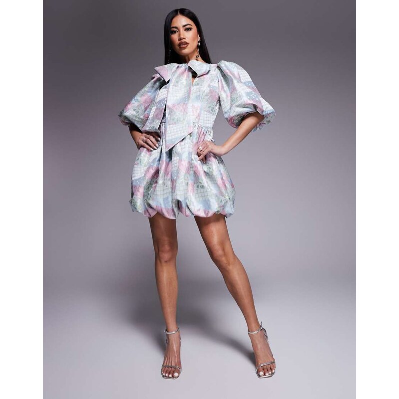 ASOS LUXE jacquard puff sleeve mini dress with bow in multi patch work 104879928