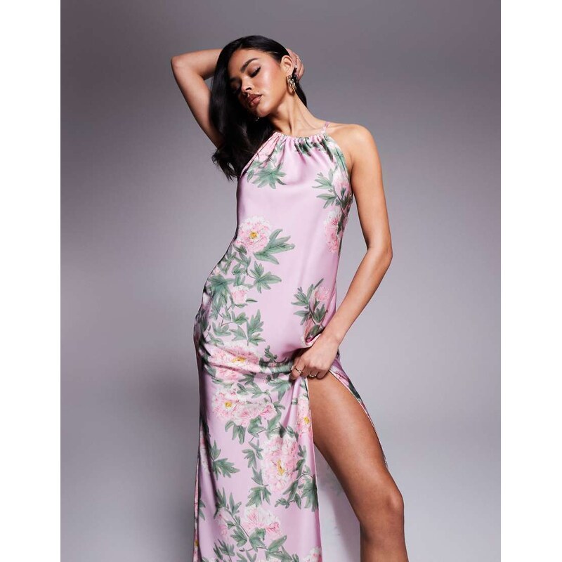 ASOS DESIGN satin halter neck split maxi dress in pink floral