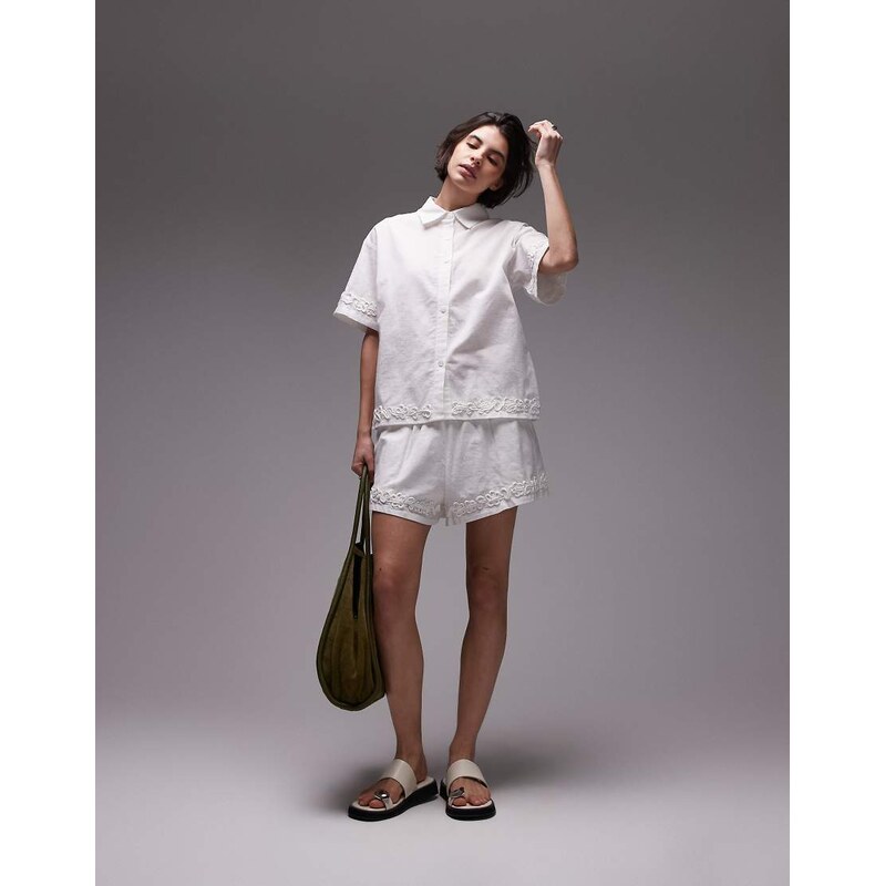 SNDYS linen blend flower applique detail shorts co-ord in white 104899152