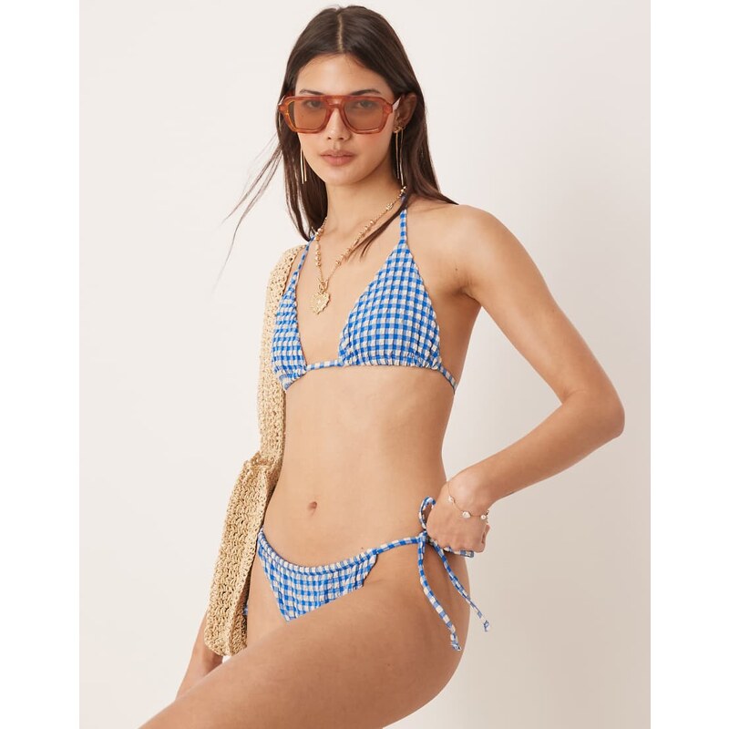 ASOS DESIGN seersucker triangle bikini top in blue gingham 115510255