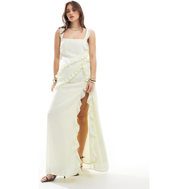The Frolic exclusive ruffle drape detail square neck thigh split maxi 115510324