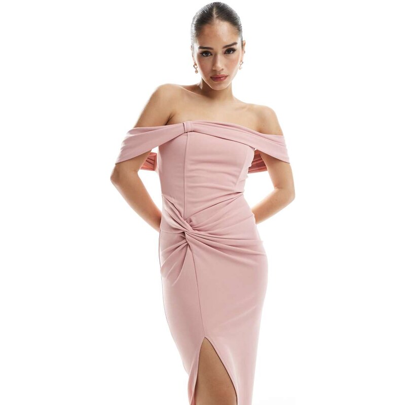 TFNC Bridesmaid fallen shoulder maxi dress with split in dusky pink 106157416