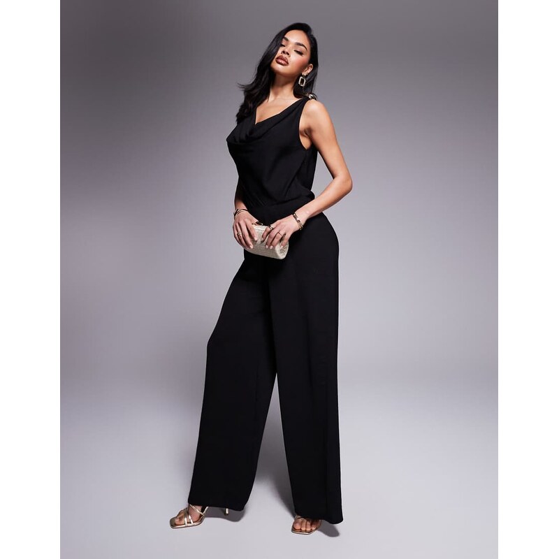 ASOS DESIGN cowl neck wide leg jumpsuit with gold hardware in black 104899359
