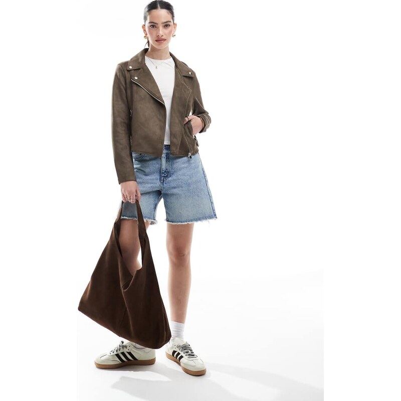 Vero Moda faux leather biker jacket with washed effect in chocolate 104899372