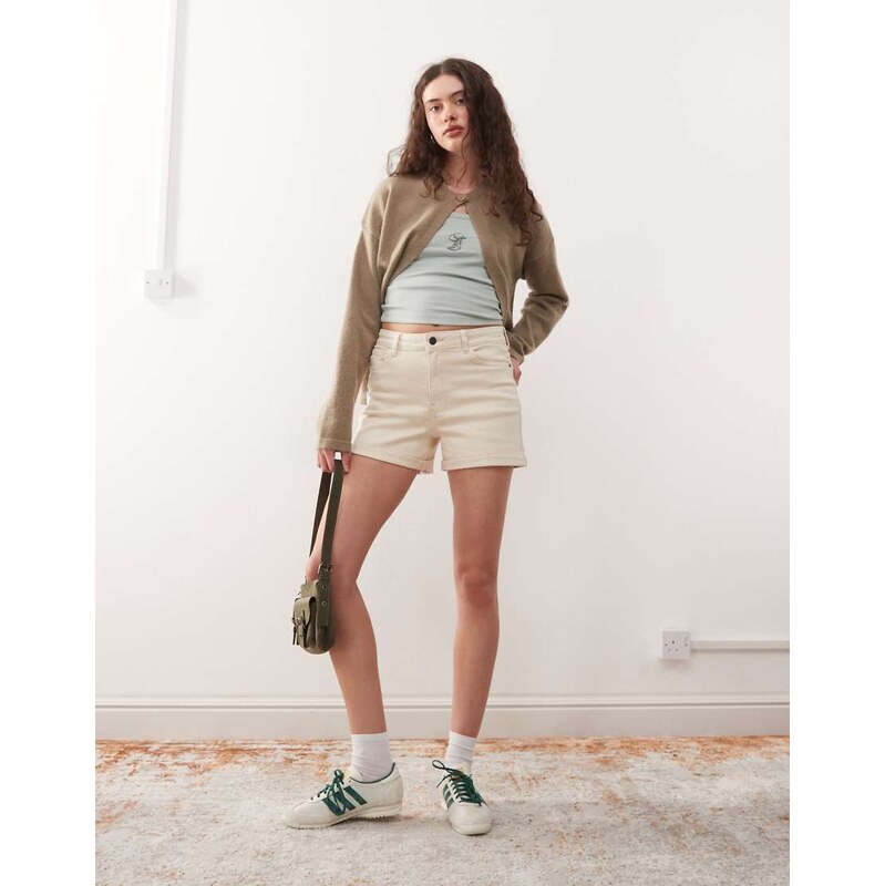 Noisy May Moni high waisted denim shorts in ecru-White 104901959