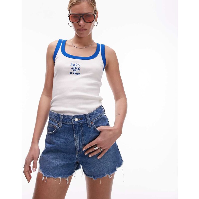 Topshop denim A-line mom shorts with rip in mid blue 104901975