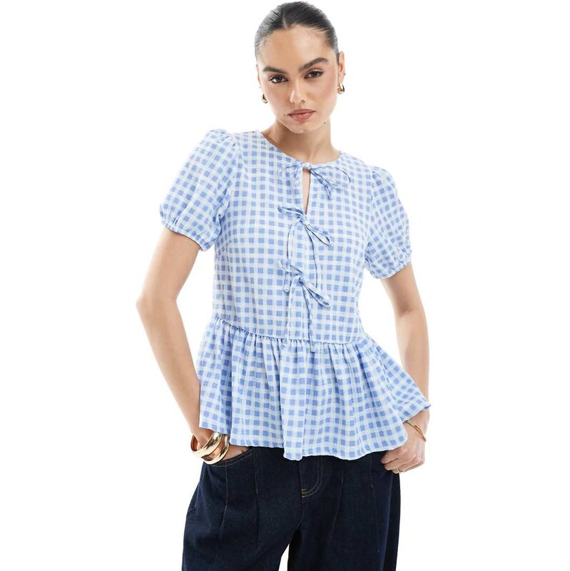 New Look tie front peplum top in blue gingham 104902091