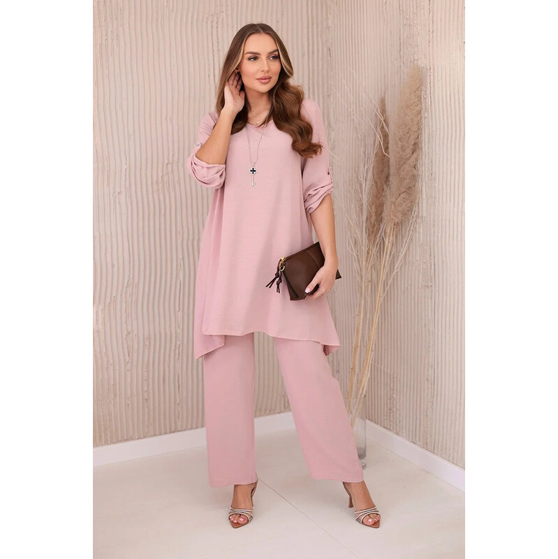 Dámský set halenka + kalhoty s přívěskem 27941 Pudr růžová - Kesi 104909655
