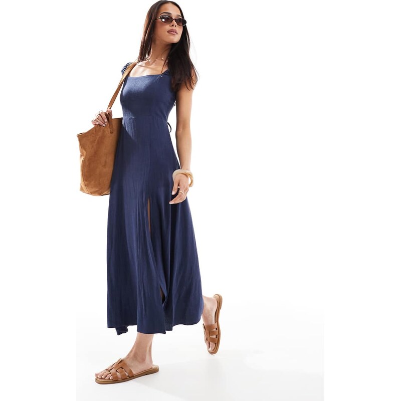 Stradivarius linen mix maxi dress with crossed back in navy blue 107642183
