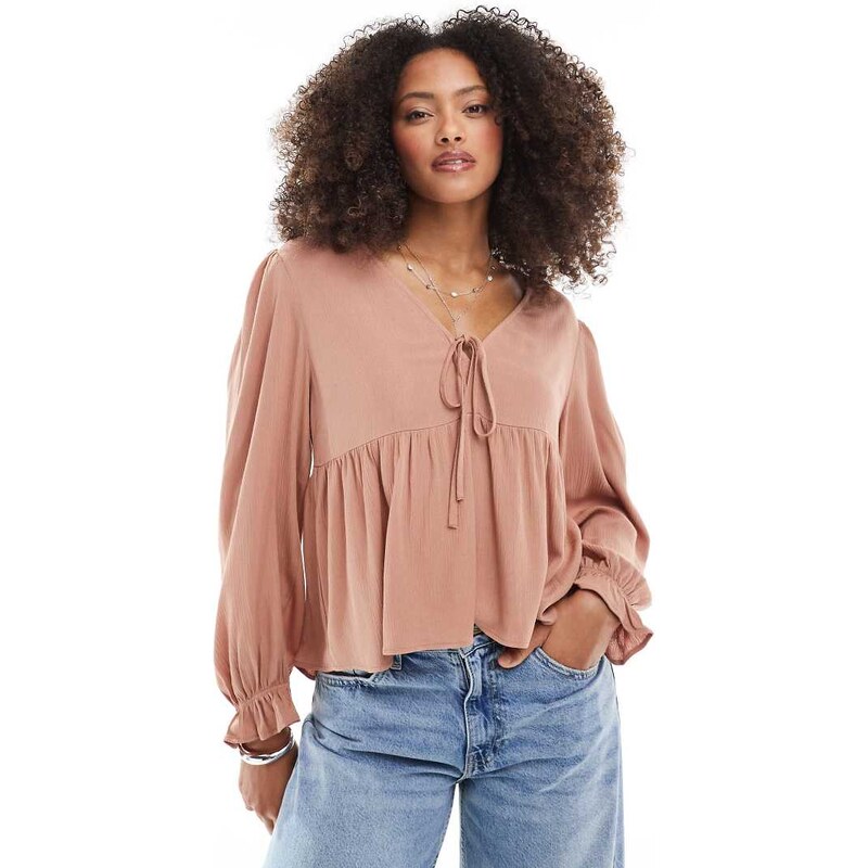 Miss Selfridge tie front peplum blouse in mocha-Brown 110369185