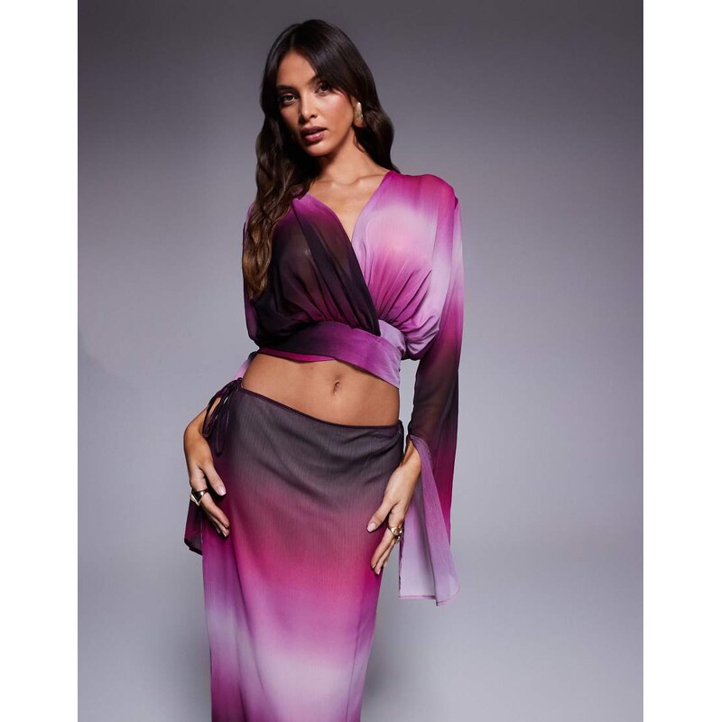 Aria Cove chiffon wrap split sleeve beach top co-ord in purple ombre 104912962
