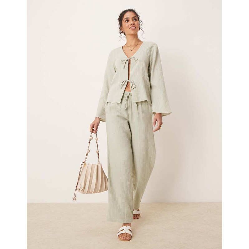 JDY wide leg cheesecloth trousers co-ord in sage-Green