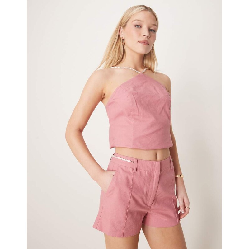 ASOS DESIGN tailored linen short co-ord with bead detail in pink-Multi 104926724