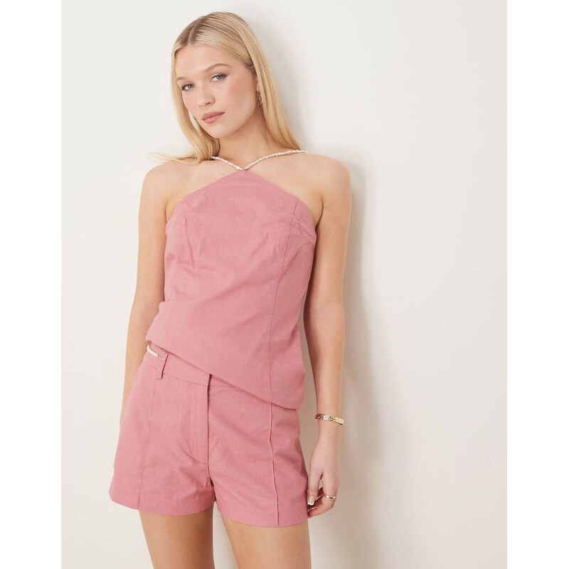 ASOS DESIGN tailored linen halter neck top co-ord with bead detail in 104926725