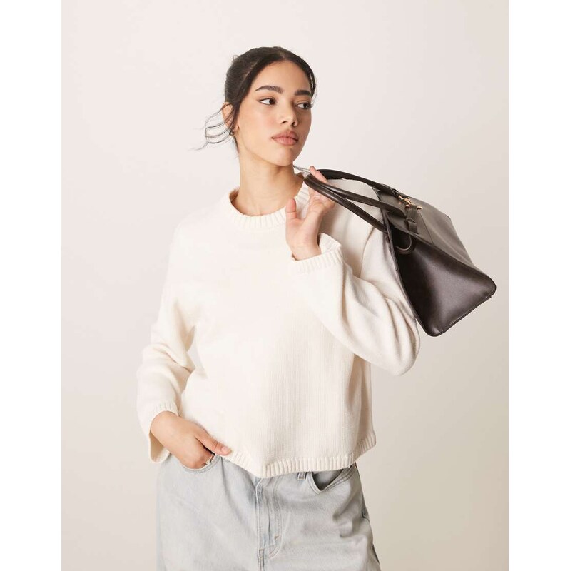 Gina Tricot cotton blend knitted sweater with crew neck in cream