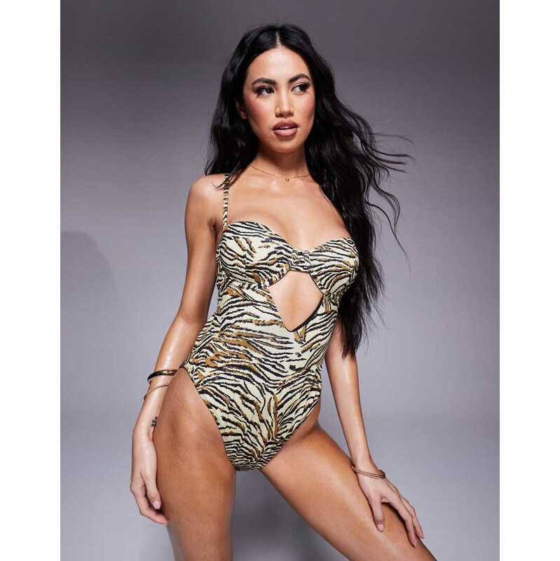 ASOS DESIGN Gia cut out underwired swimsuit in animal print-Multi 115510272