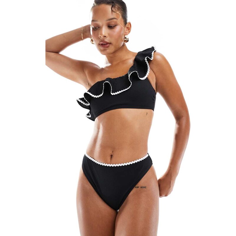 New Look one shoulder blanket stitch bikini bottoms in black 104929022