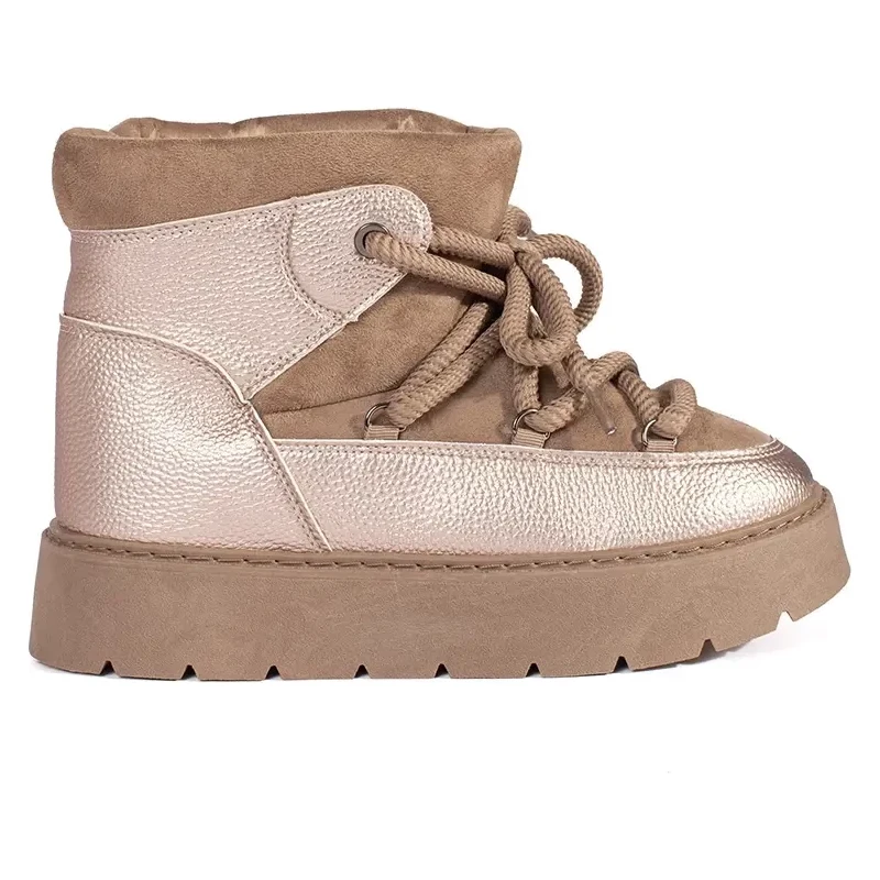 Shelvt Beige lace-up womens snow boots with a thick sole 107083626