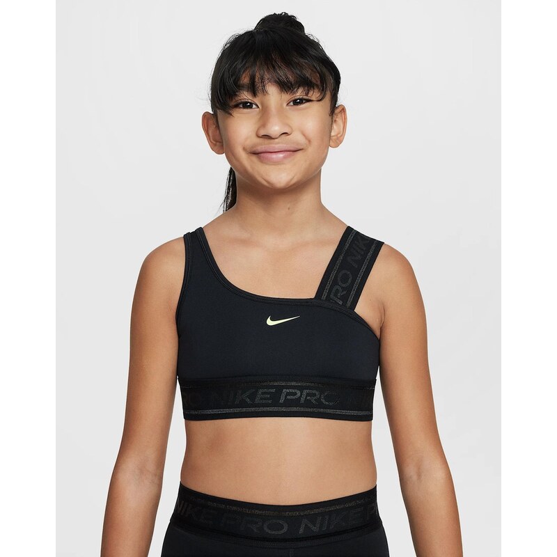 Nike Pro Swoosh Girls Asymmetrical Sports Bra BLACK/LT LEMON