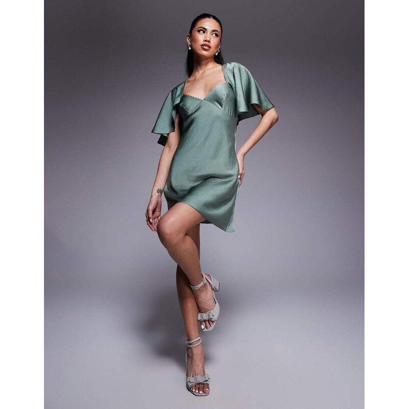 ASOS DESIGN cape flutter detail mini satin dress in mint-Green